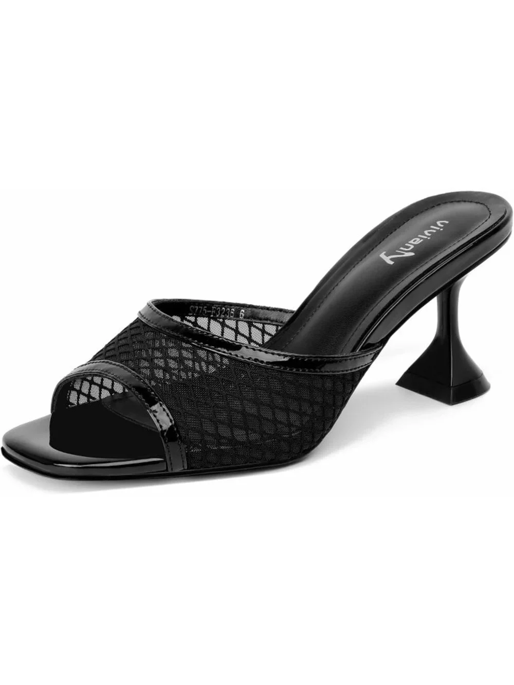 Women's Black Mesh Stylish Square Open Toe Slip on Heeled Slides Mules Sandals